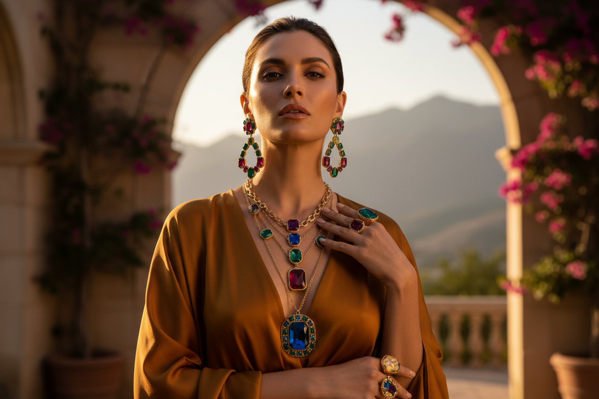 Femme confiante portant des bijoux statement